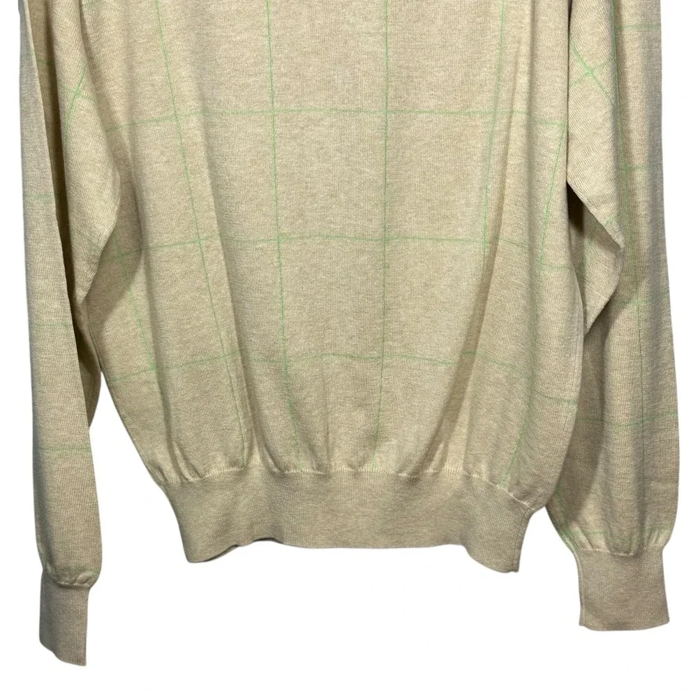 Peter‎ Millar Mens Quarter Zip Sweater Beige Green Plaid Cotton Cashmere Size M